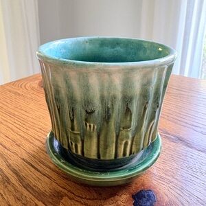 Vintage McCoy Green Drip-Glaze Ceramic Planter bamboo with attached saucer